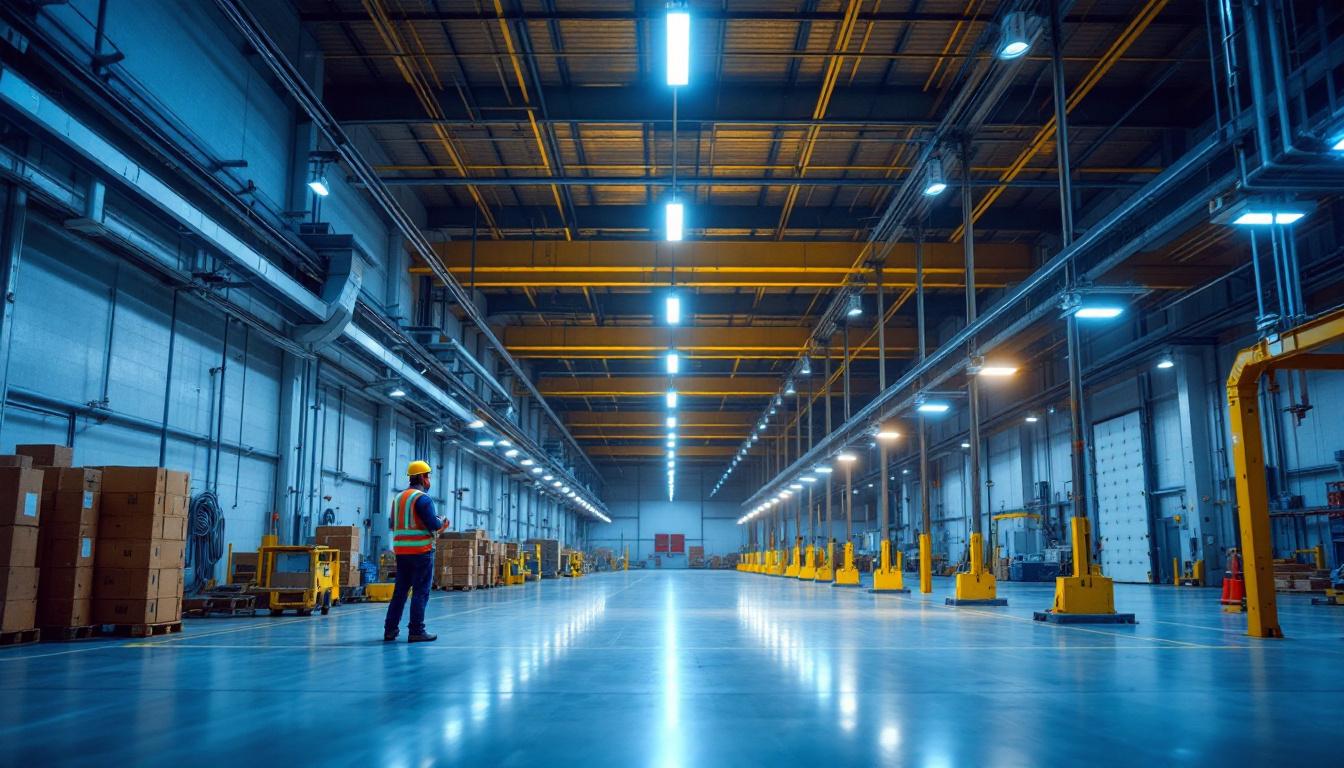 A photograph of a well-lit industrial space showcasing the sleek design and bright illumination provided by led linear high bay lights
