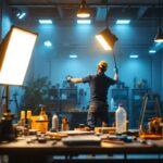 A photograph of a well-lit workspace showcasing a lighting contractor installing vibrant 8 ft led lights in a commercial setting