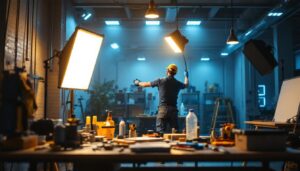 A photograph of a well-lit workspace showcasing a lighting contractor installing vibrant 8 ft led lights in a commercial setting