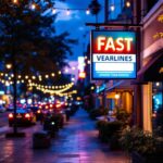 A photograph of a vibrant outdoor scene showcasing illuminated sign lights in action