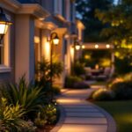 A photograph of a beautifully lit outdoor space featuring gooseneck lights illuminating architectural details