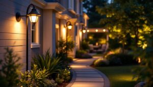 A photograph of a beautifully lit outdoor space featuring gooseneck lights illuminating architectural details