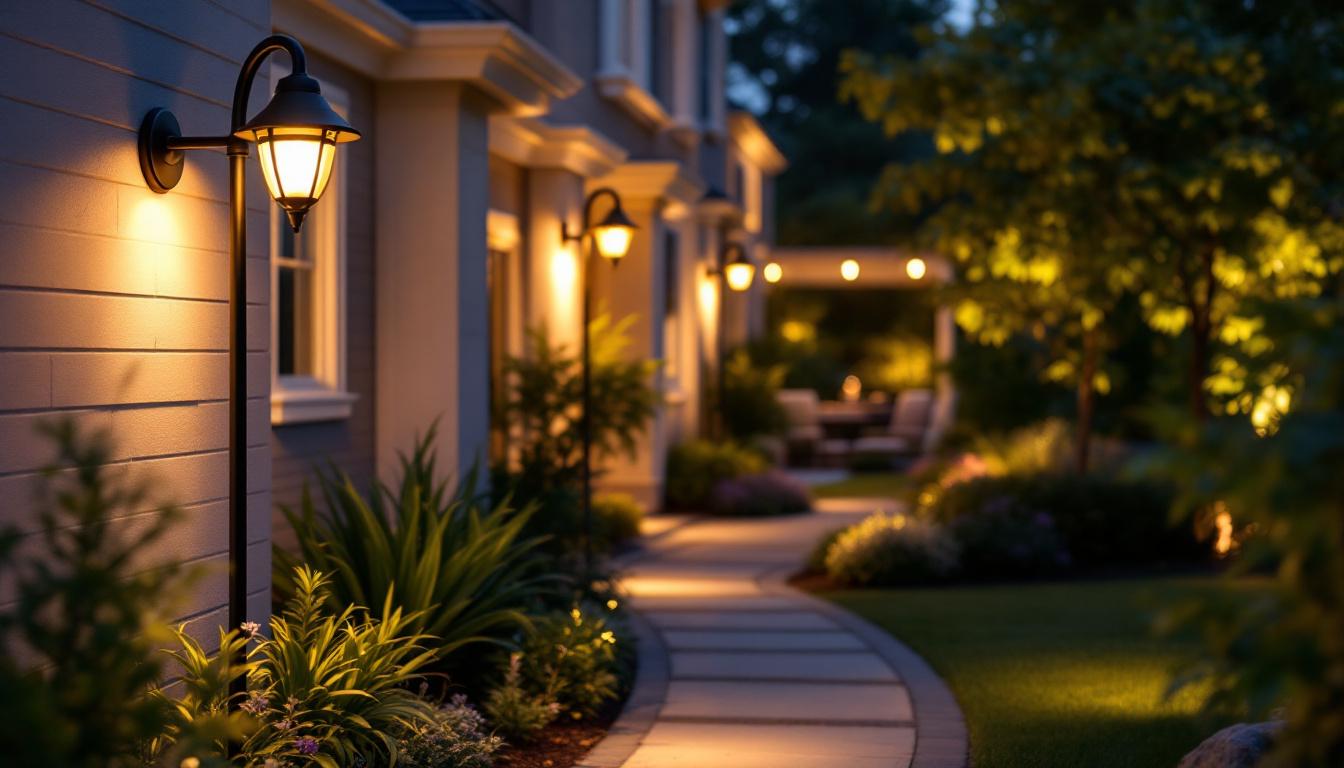 A photograph of a beautifully lit outdoor space featuring gooseneck lights illuminating architectural details