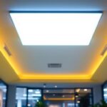 A photograph of a well-lit commercial space featuring a 2x4 drop ceiling light installation