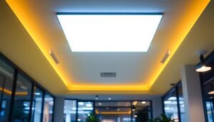 A photograph of a well-lit commercial space featuring a 2x4 drop ceiling light installation