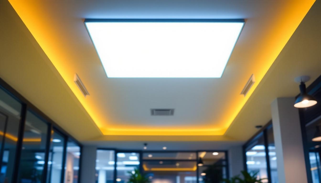 A photograph of a well-lit commercial space featuring a 2x4 drop ceiling light installation