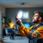 A photograph of a lighting contractor installing an 8-inch led downlight retrofit in a modern residential setting