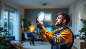 A photograph of a lighting contractor installing an 8-inch led downlight retrofit in a modern residential setting