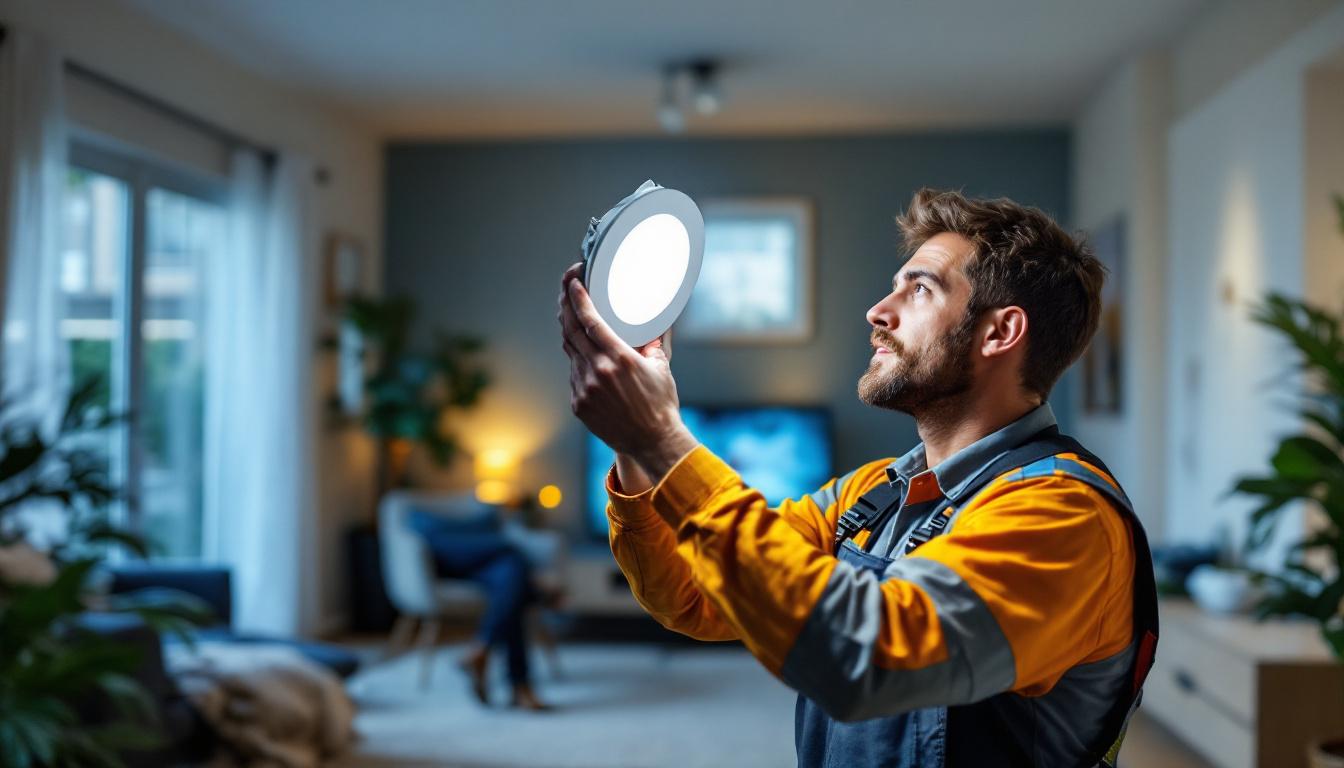 A photograph of a lighting contractor installing an 8-inch led downlight retrofit in a modern residential setting