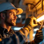 A photograph of a lighting contractor expertly installing or adjusting a t8 ballast in a commercial setting