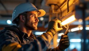 A photograph of a lighting contractor expertly installing or adjusting a t8 ballast in a commercial setting