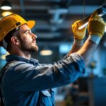 A photograph of a professional lighting contractor installing a sleek 2-foot led light fixture in a modern workspace