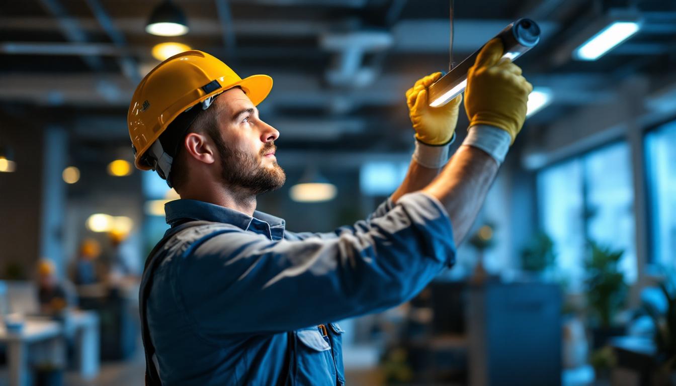 A photograph of a professional lighting contractor installing a sleek 2-foot led light fixture in a modern workspace