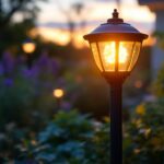 A photograph of a beautifully illuminated solar light fixture in a garden setting during twilight