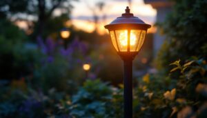 A photograph of a beautifully illuminated solar light fixture in a garden setting during twilight