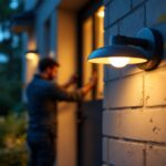 A photograph of a lighting contractor installing or showcasing a stylish back door light in a beautifully lit outdoor setting
