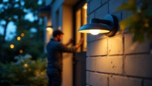 A photograph of a lighting contractor installing or showcasing a stylish back door light in a beautifully lit outdoor setting