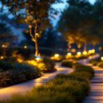 A photograph of a well-lit outdoor space at dusk