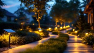 A photograph of a well-lit outdoor space at dusk