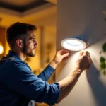A photograph of a lighting contractor efficiently installing a sleek 4-inch pot light trim in a modern home setting