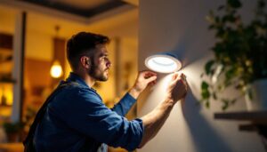 A photograph of a lighting contractor efficiently installing a sleek 4-inch pot light trim in a modern home setting