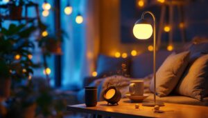 A photograph of a cozy indoor setting that showcases a stylish solar indoor lamp illuminating a beautifully decorated space