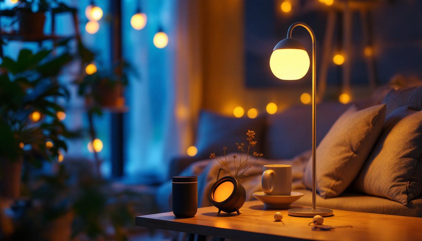 A photograph of a cozy indoor setting that showcases a stylish solar indoor lamp illuminating a beautifully decorated space