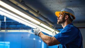 A photograph of a lighting contractor installing led fixtures in a commercial space