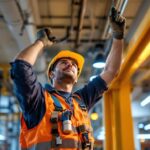 A photograph of a lighting contractor installing led fixtures in a modern space