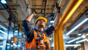 A photograph of a lighting contractor installing led fixtures in a modern space