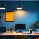 A photograph of a well-designed home office space featuring stylish ceiling lights that highlight the workspace