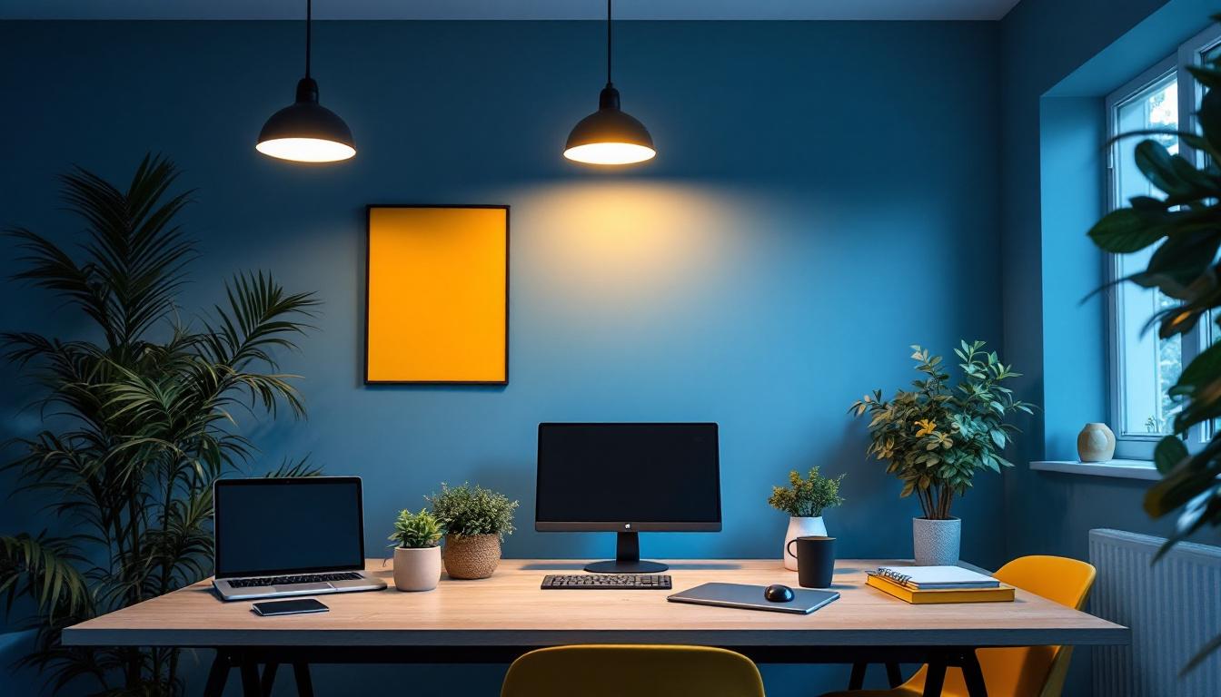 A photograph of a well-designed home office space featuring stylish ceiling lights that highlight the workspace