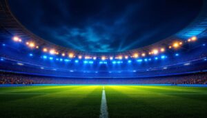 A photograph of a vibrant stadium illuminated at night