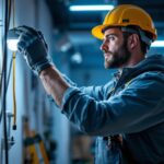 A photograph of a skilled lighting contractor in action