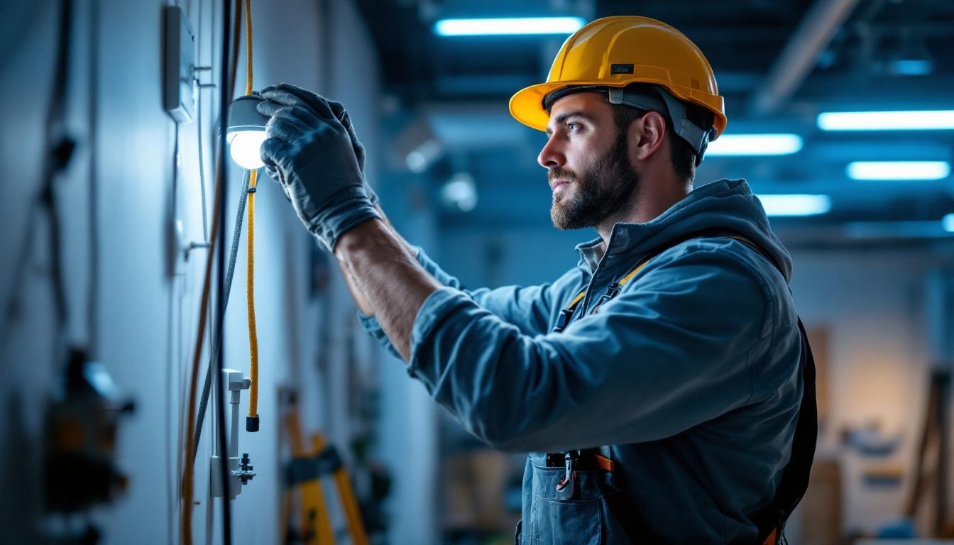 A photograph of a skilled lighting contractor in action