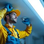 A photograph of a skilled electrician replacing a fluorescent light fixture with a modern led fixture