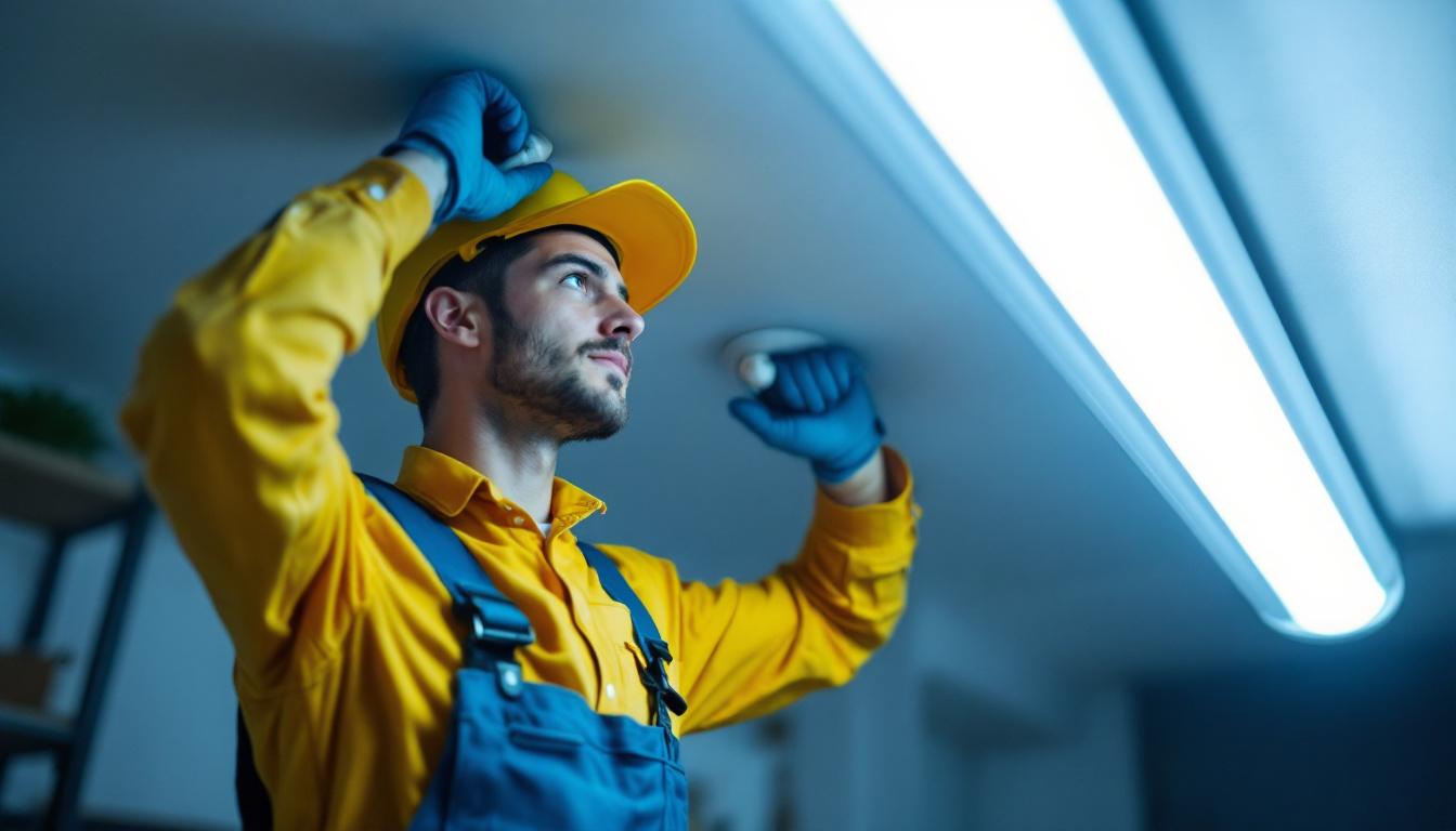 A photograph of a skilled electrician replacing a fluorescent light fixture with a modern led fixture