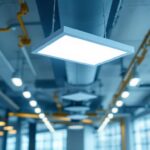 A photograph of a modern troffer light fixture installed in a well-lit commercial space