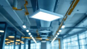 A photograph of a modern troffer light fixture installed in a well-lit commercial space