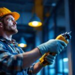 A photograph of a lighting contractor at work