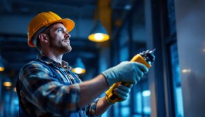 A photograph of a lighting contractor at work