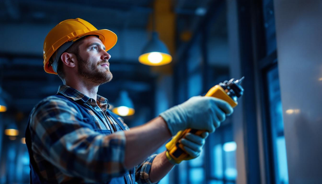 A photograph of a lighting contractor at work