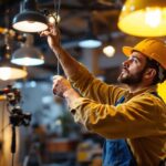 A photograph of a skilled lighting contractor at work