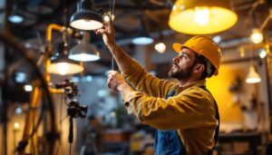 A photograph of a skilled lighting contractor at work