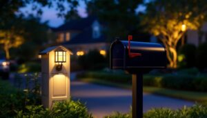A photograph of a beautifully illuminated mailbox at dusk