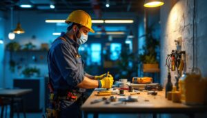 A photograph of a skilled lighting contractor installing a led conversion kit in a commercial setting
