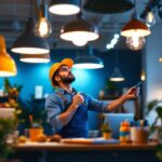 A photograph of a lighting contractor efficiently installing a variety of stylish wholesale light fixtures in a modern workspace