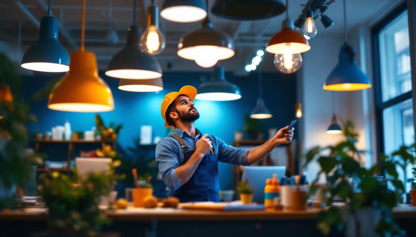 A photograph of a lighting contractor efficiently installing a variety of stylish wholesale light fixtures in a modern workspace