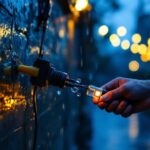 A photograph of a lighting contractor expertly connecting low voltage wire connectors in a rain-soaked outdoor setting