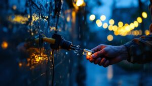 A photograph of a lighting contractor expertly connecting low voltage wire connectors in a rain-soaked outdoor setting